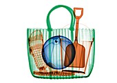 Woven beach bag with beach toys and sandals, X-ray