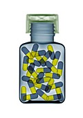 Blue and yellow pills in a bottle, X-ray