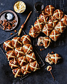Maple and pecan hot cross buns with bacon butter