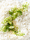 Gekochter Reis mit Frühlingszwiebeln und Sesam, close up