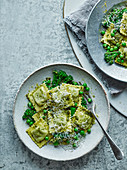 Pea, broccoli and broccoli ravioli