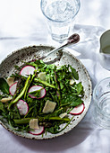 Arugula salad with radishes, shaved asparagus, cheese, mint and lemon vinaigrette