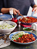 Chili con carne with green rice