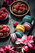 Colorful macarons and chocolate tartlets