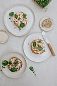 A trio of prawn salad on toast with cress