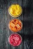Kimchi, cabbage with turmeric and cumin, cabbage with beetroot and fennel