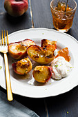 Grilled peaches with creme fraiche , orange marmalade and lime