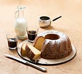 Sliced Bundt with coffee and milk