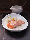 Salmon in dill sauce with rice