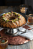 Tunisian-style kadayif in a bowl with nuts and pistachios