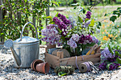 Bouquet of lilacs mixed light and dark with hemlock, wooden box with utensils