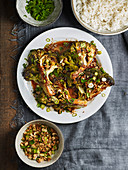 Roast broccoli wedges with kecap manis and peanuts