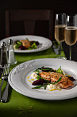 Salmon Fillets crusted with Sesame Seeds, served with Baked Beetroot and Horseradish Cream