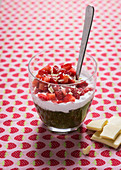 Matcha chia pudding with white rice milk chocolate cream and fresh strawberries