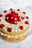 Biscuit cake with cream cheese and raspberries