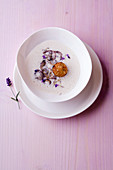White bean soup with lavender gremolata and a lamb burger