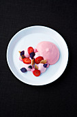 Strawberry and cardamom cream with shiso espuma