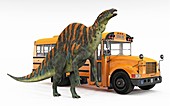 Ouranosaurus and school bus, illustration