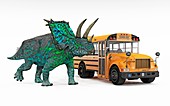 Pentaceratops and school bus, illustration