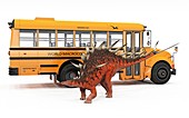 Kentrosaurus and school bus, illustration