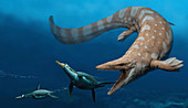 Tylosaurus mosasaur and prey, illustration