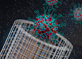 Mesh tube surrounding coronavirus, illustration