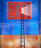 Ladder leading to door in exit sign, illustration