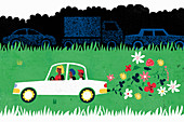 Family driving eco-friendly car, illustration