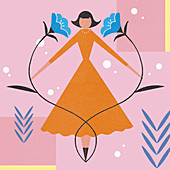 Symmetrical woman holding two flower stems, illustration