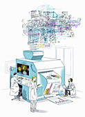 Scientists processing data on large machine, illustration