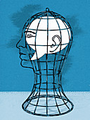 Speech bubble trapped inside birdcage head, illustration