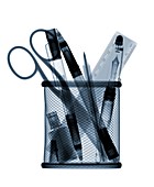 Pen pot containing stationery items, X-ray
