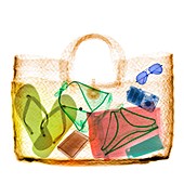 Straw bag with items, X-ray