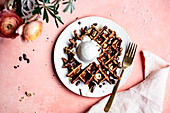 Gluten free waffles with salted tahini hot fudge sauce and ice cream