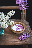 Lilac sugar in a ceramic bowl