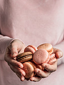 Heap of french macarons in hands of woman dressed in pink clothes. Vertical. Copy space