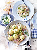 Meat dumplings with cabbage and bacon