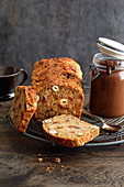 Apple and nut bread with chocolate sauce