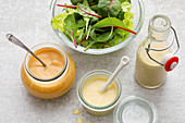 Yoghurt and curry dressing, salad vinaigrette and mustard dressing