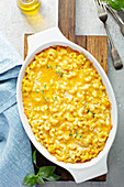 Baked mac and cheese in a large baking pan