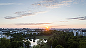 Sunset over Munich cityscape and Westpark, Bavaria, Germany