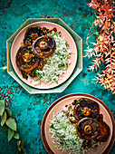 Chilli and ginger mushrooms on spring onion rice