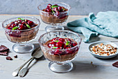 Chocolate millet pudding with cherries in syrup