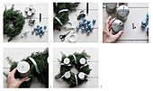 Decorating an Advent wreath with silver candles and blue Christmas-tree baubles