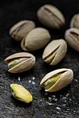 Salted pistachio nuts in shells (close-up)