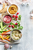 Rainbow winter dips and crudités