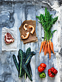 Ingredients for beef, lobster and vegetable tartare