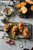 Grilled sweet potatoes with bacon and apricot salsa