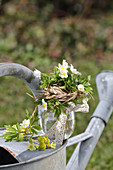 Kleiner Strauß aus Buschwindröschen mit Grasmanschette und Spitzenband, Primel-Blüten