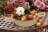 Bowl of apples, dahlias and unripe blackberries